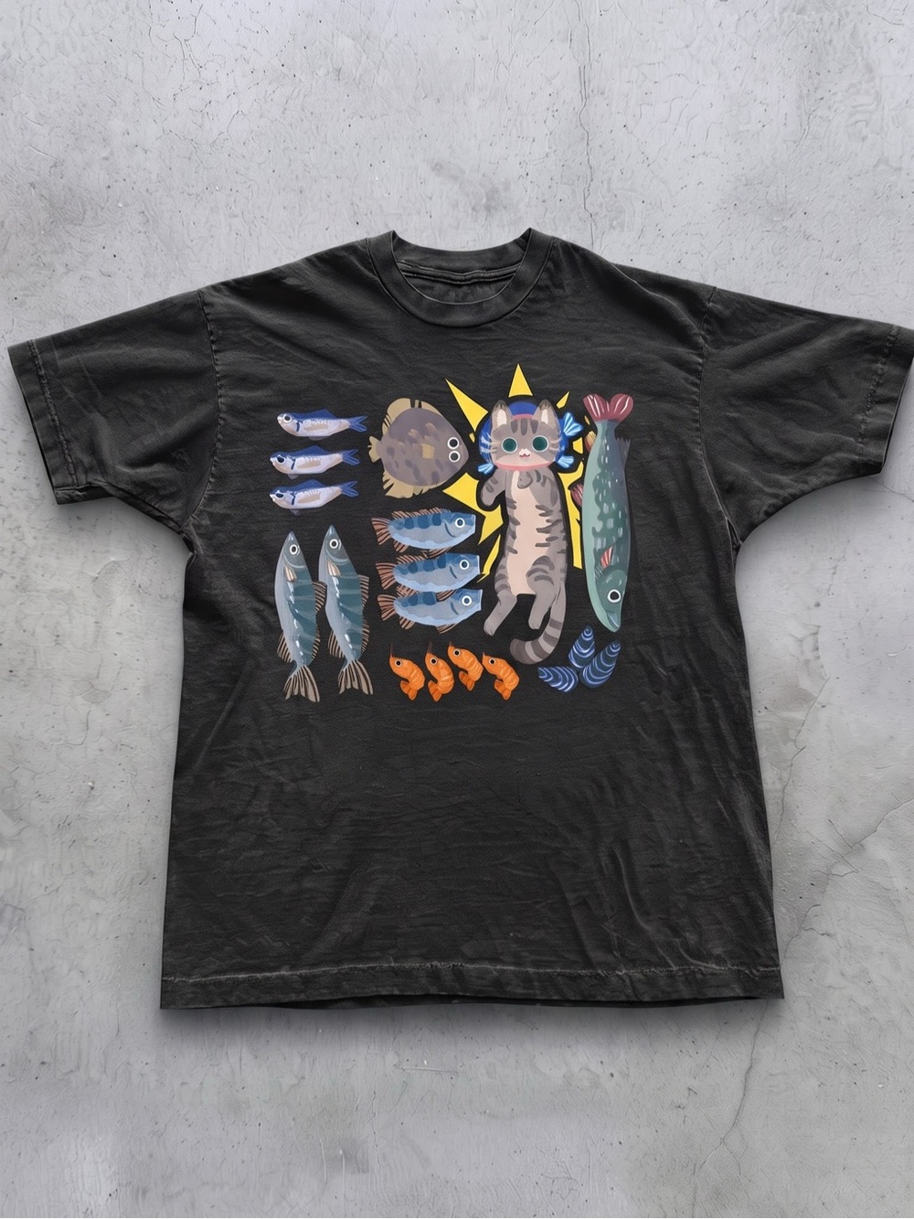 BlackTee with Colorful Cat & Fish Graphic